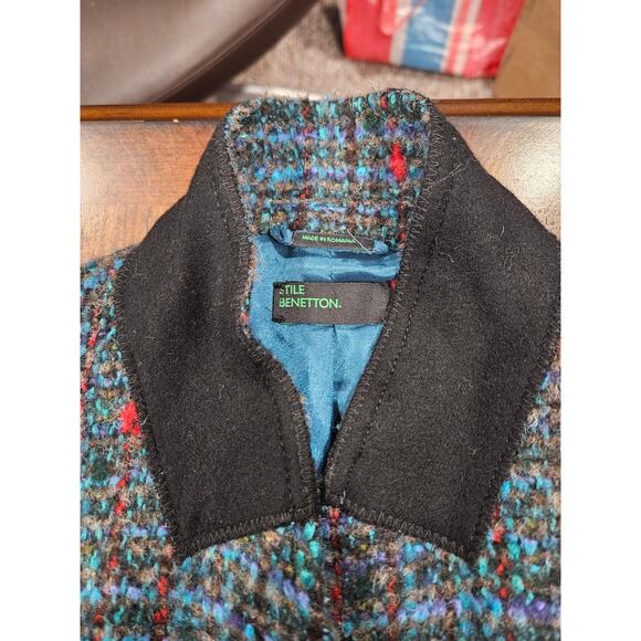 Vintage Benetton Tweed Wool Blend Blazer Jewel Tone Multi Blue Winter Womens M - Picture 2 of 5
